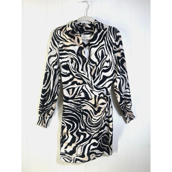 Anthropologie Animal Zebra Printed Ruched Faux Wrap Mini Dress Size 6 Mobwife - Picture 1 of 13
